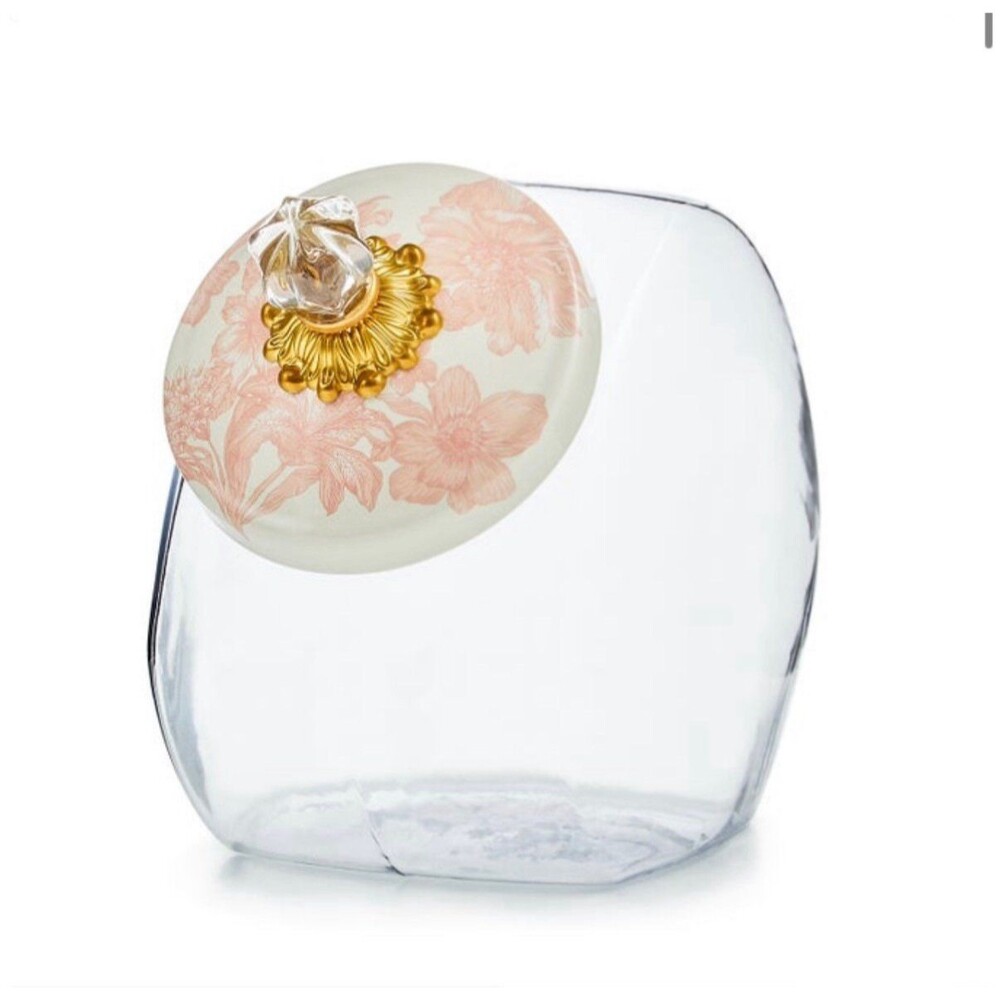 Mackenzie Childs Cookie Jar with Rosy English Pink and White Lid